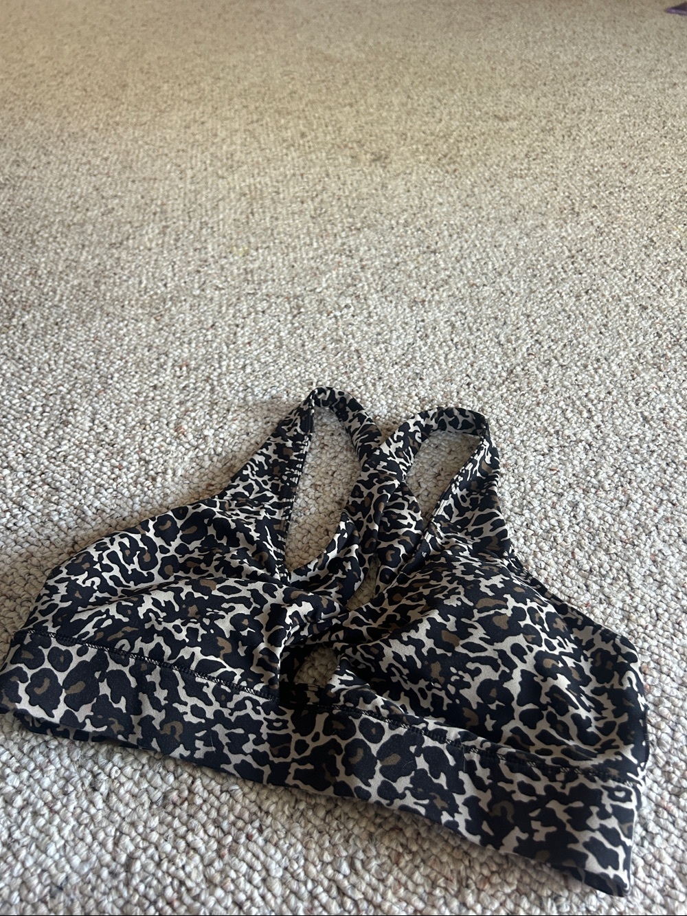 Fabletics Leopard-Print Racerback Sports Bra - Black & Cream